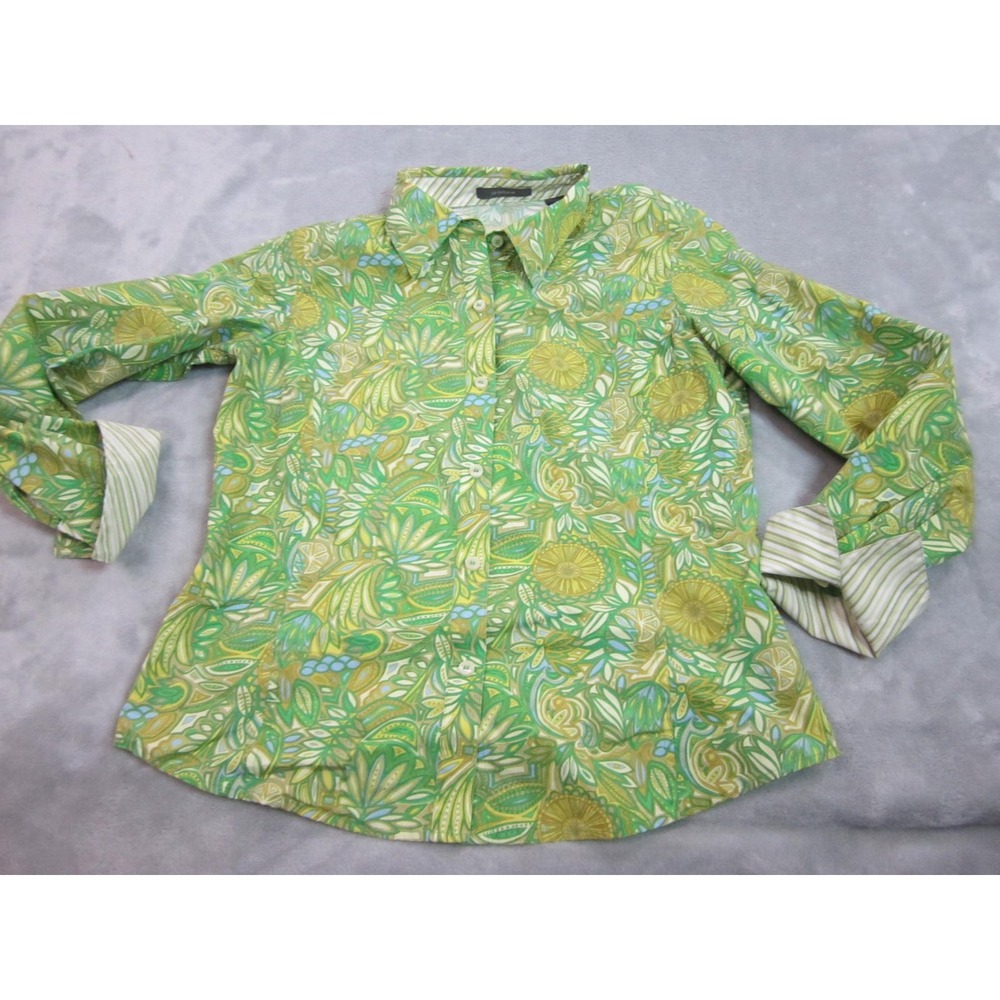 Liz Claiborne Button Down Women 10 Green Paisley Floral LS Blouse Flip Cuff